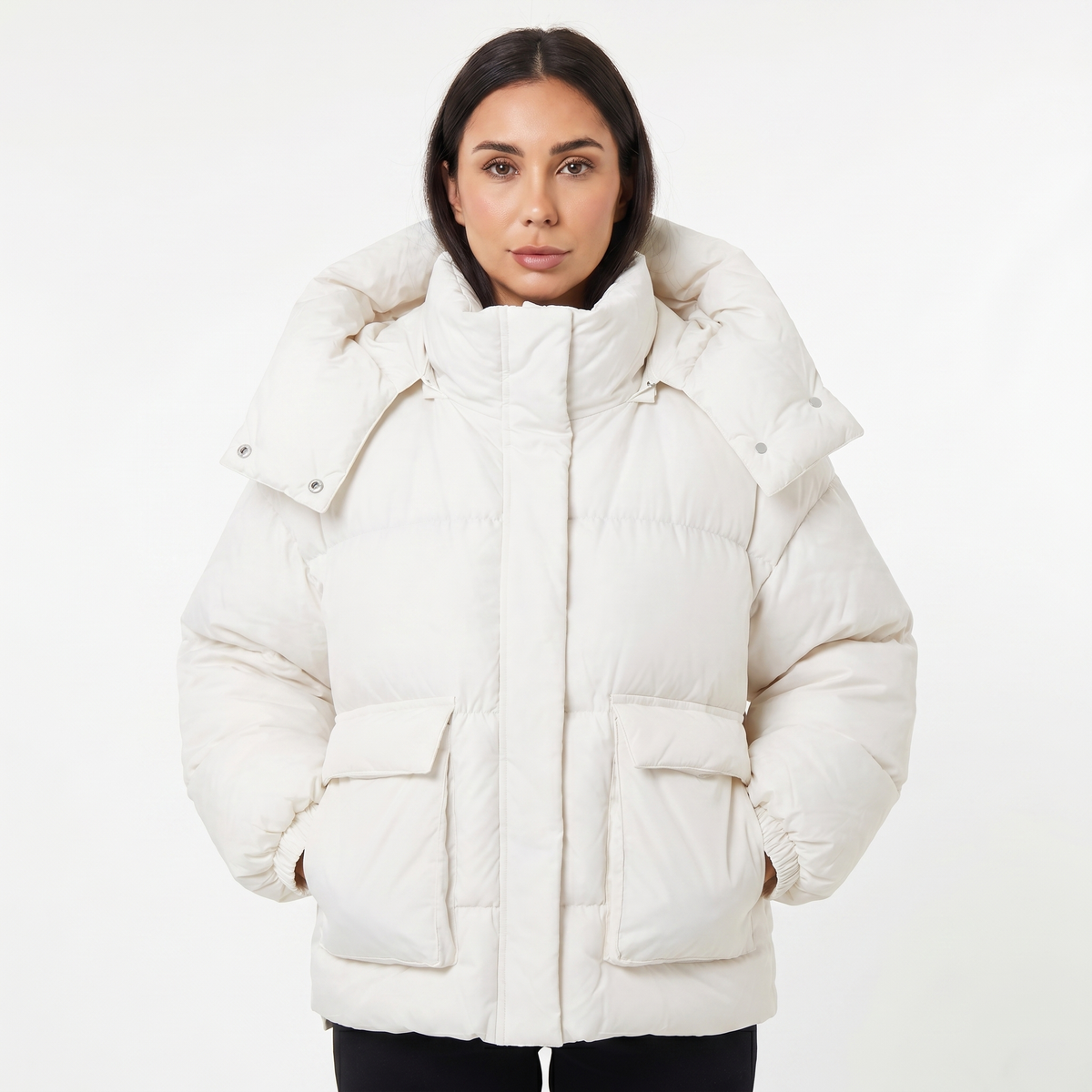 Women's Oversized Quilted Jacket – Hooded Puffer Flap Pockets