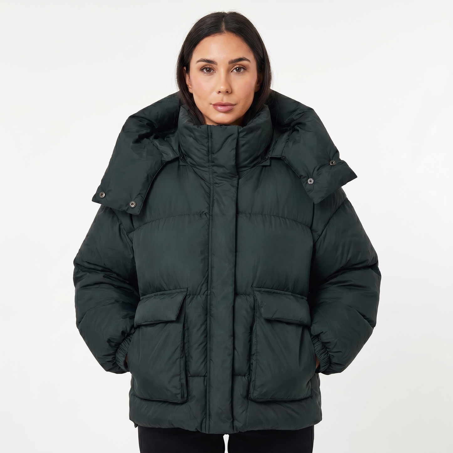 Women's Oversized Quilted Jacket – Hooded Puffer Flap Pockets