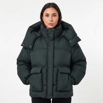 Women's Oversized Quilted Jacket – Hooded Puffer Flap Pockets