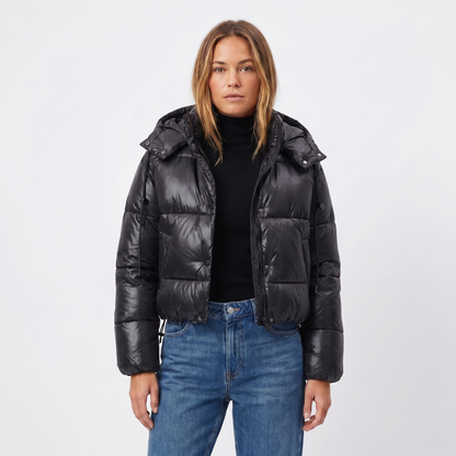Women's Puffer Jacket – Cropped Hooded Glossy Shell Box Quilt