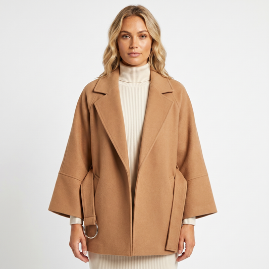 Women's Wool-Look Jacket – Oversized Belted D-Ring Wide Sleeve Crop