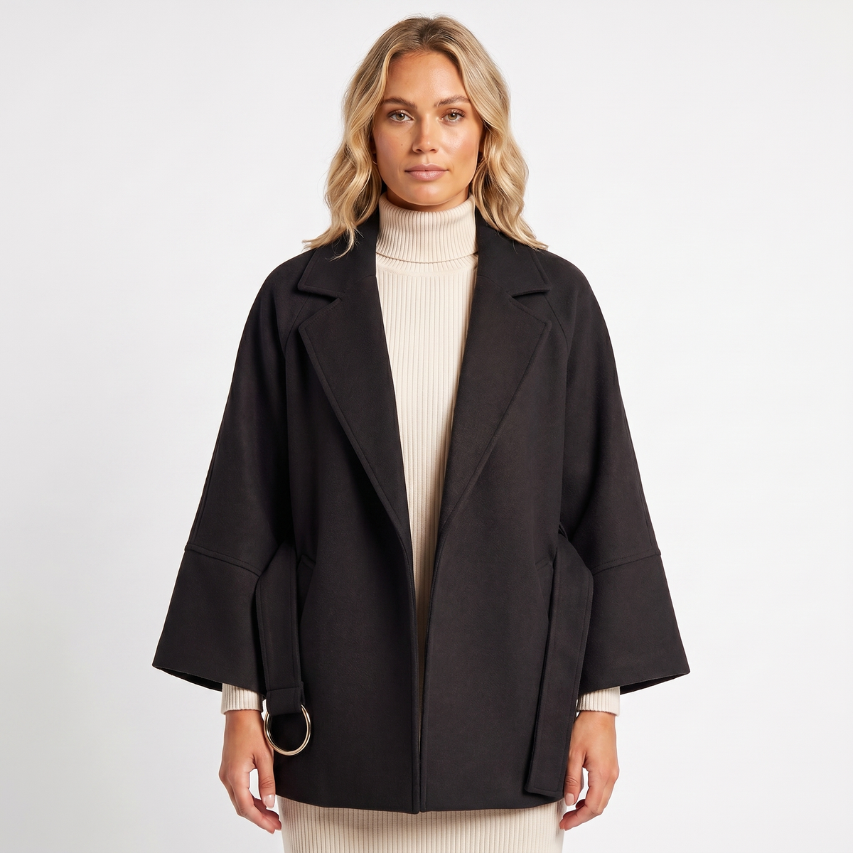 Women's Wool-Look Jacket – Oversized Belted D-Ring Wide Sleeve Crop