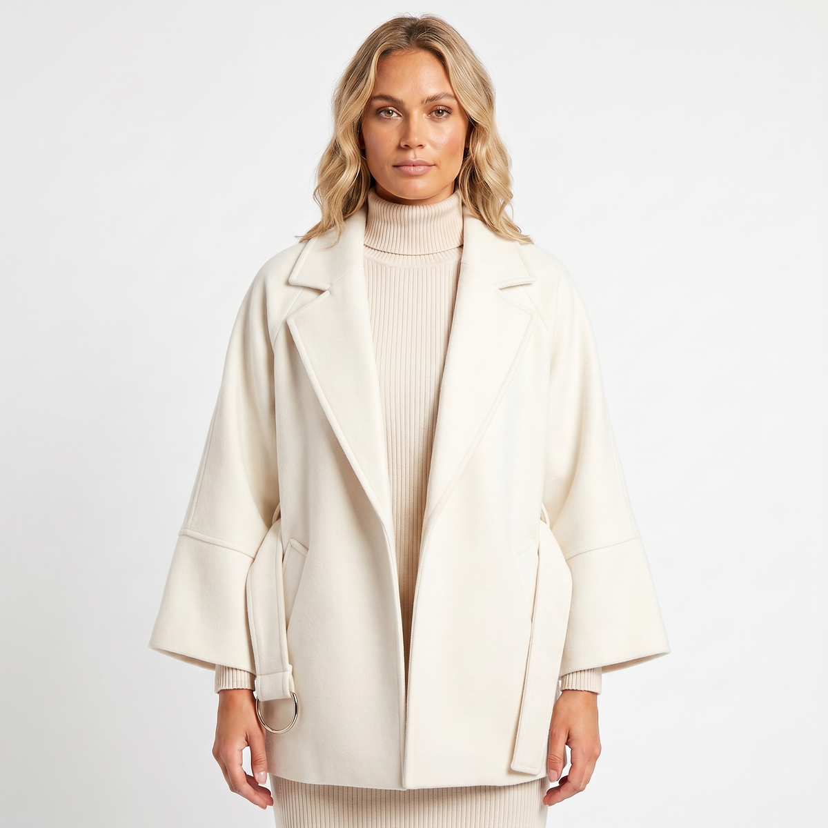 Women's Wool-Look Jacket – Oversized Belted D-Ring Wide Sleeve Crop