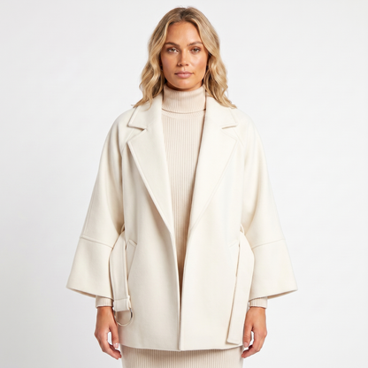 Women's Wool-Look Jacket – Oversized Belted D-Ring Wide Sleeve Crop