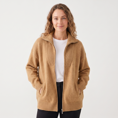 Women's Zip-Up Knit Jacket – Brushed Knit Ribbed Yoke Funnel Neck