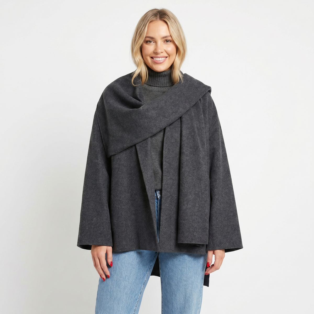 Women's Cape Jacket – Wool-Look Attached Scarf Wrap Open Front