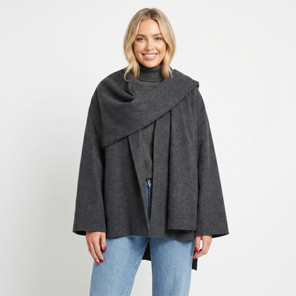 Women's Cape Jacket – Wool-Look Attached Scarf Wrap Open Front