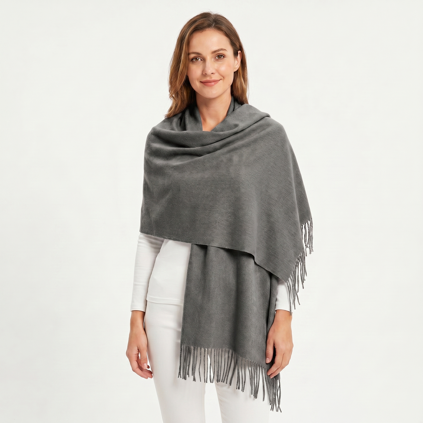 Women's Cashmere-Style Shawl – Oversized Plain Woven Fringe Wrap