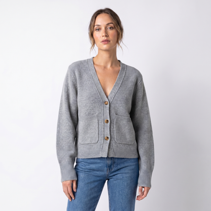 Women's V-Neck Cardigan – Cropped Button Front Patch Pockets Gold Buttons