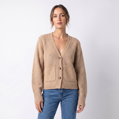 Women's V-Neck Cardigan – Cropped Button Front Patch Pockets Gold Buttons