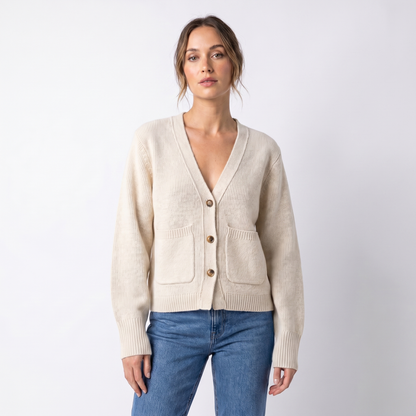 Women's V-Neck Cardigan – Cropped Button Front Patch Pockets Gold Buttons