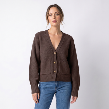 Women's V-Neck Cardigan – Cropped Button Front Patch Pockets Gold Buttons