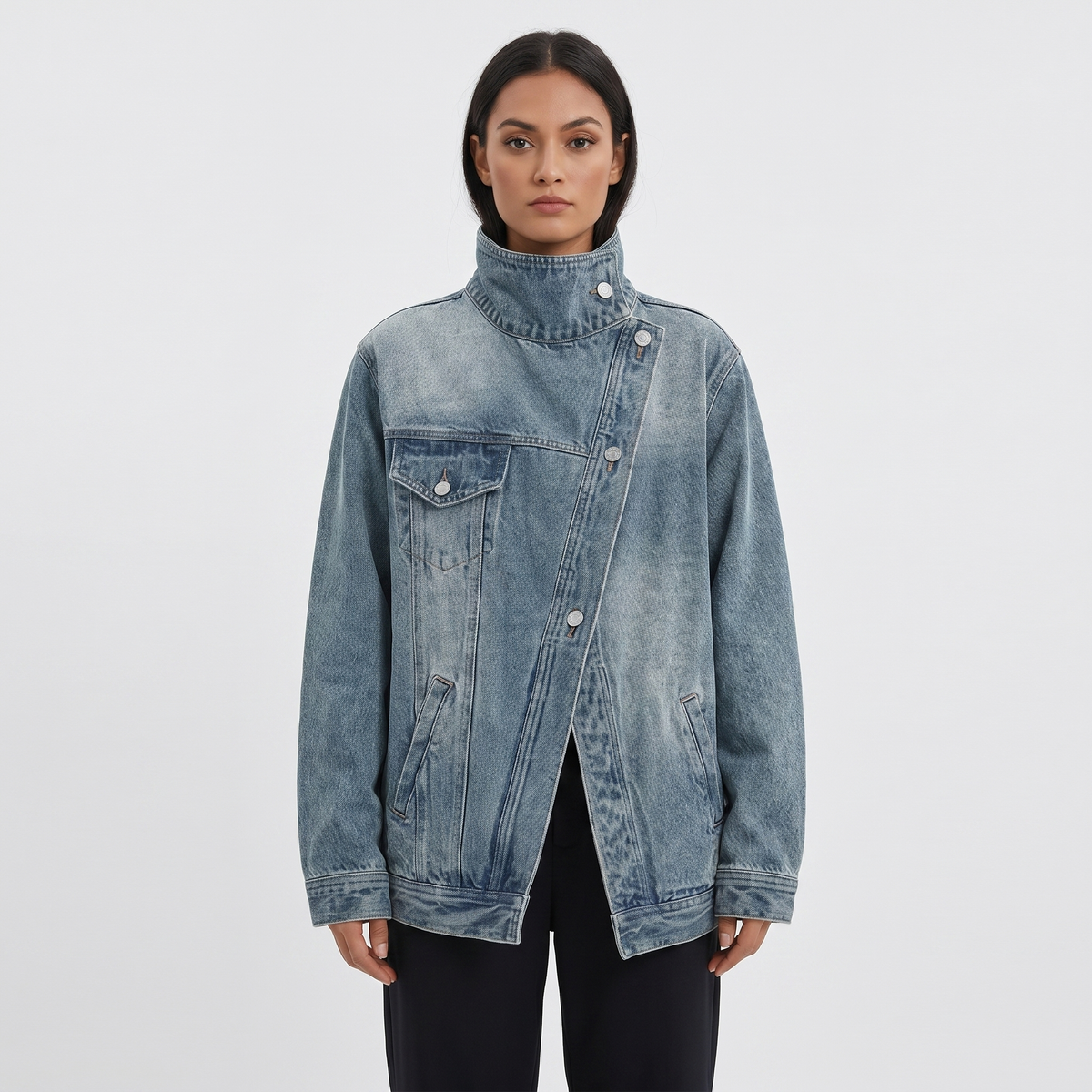 Women's Denim Jacket – Oversized Asymmetric Button Funnel Neck Washed