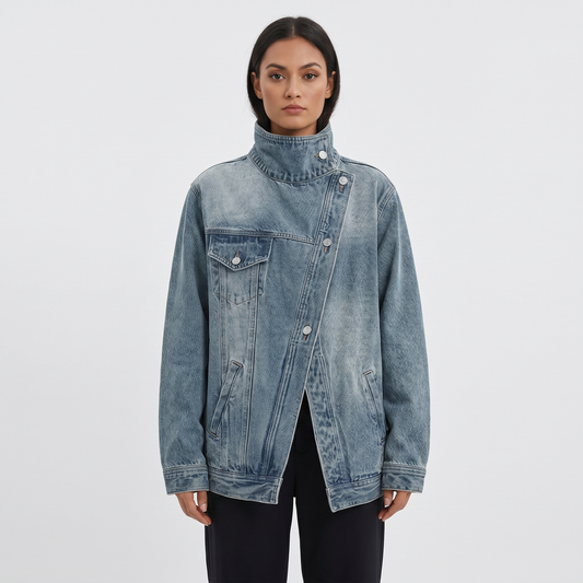 Women's Denim Jacket – Oversized Asymmetric Button Funnel Neck Washed