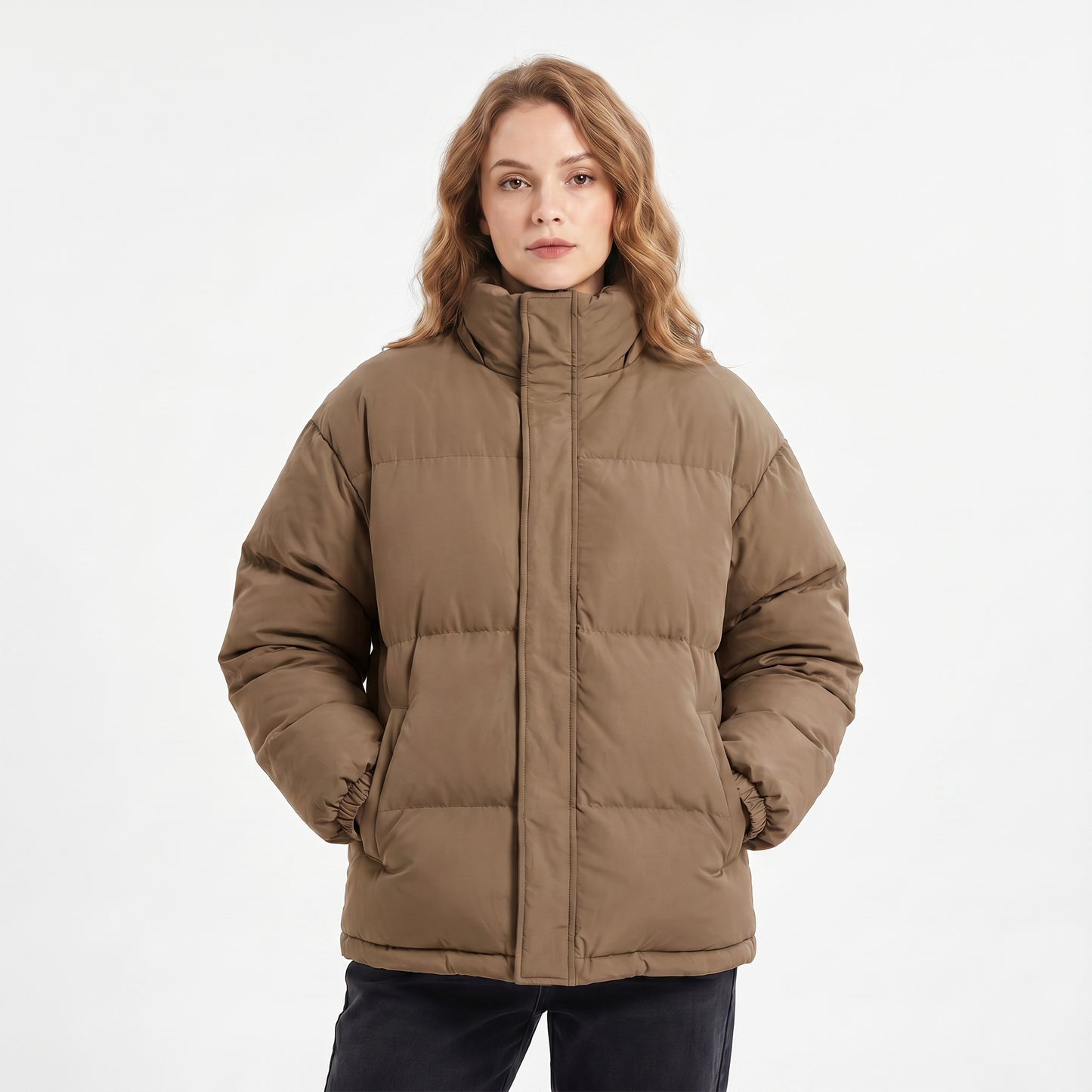Women's Quilted Jacket – Oversized Puffer Stand Collar Concealed Zip