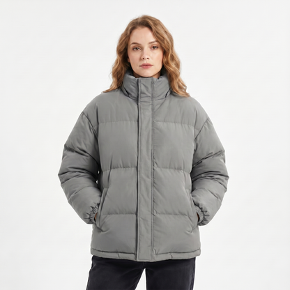 Women's Quilted Jacket – Oversized Puffer Stand Collar Concealed Zip