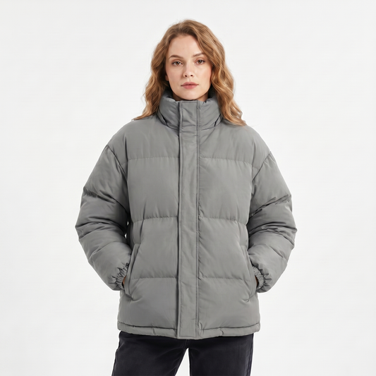 Women's Quilted Jacket – Oversized Puffer Stand Collar Concealed Zip