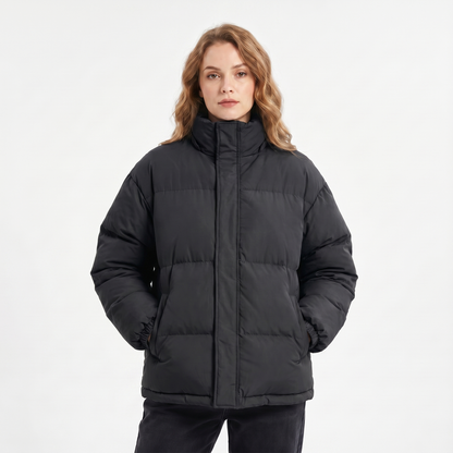 Women's Quilted Jacket – Oversized Puffer Stand Collar Concealed Zip