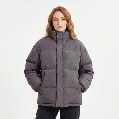 Women's Quilted Jacket – Oversized Puffer Stand Collar Concealed Zip