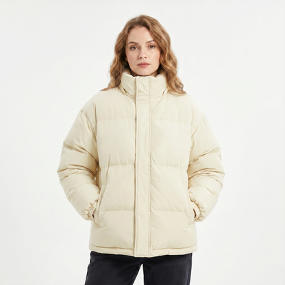Women's Quilted Jacket – Oversized Puffer Stand Collar Concealed Zip