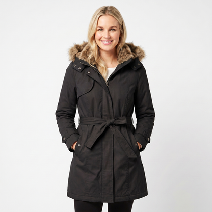 Women's Winter Coat – Parka Faux Fur Hood Belted Padded Midi Length