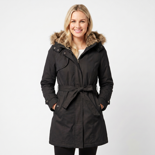 Women's Winter Coat – Parka Faux Fur Hood Belted Padded Midi Length