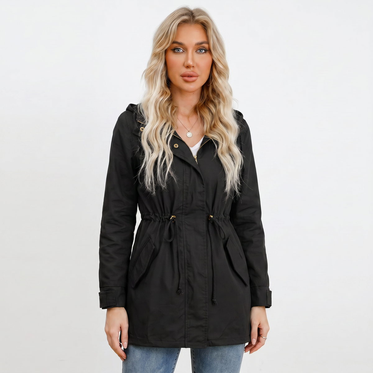 Women's Anorak Jacket – Hooded Utility Drawstring Waist Flap Pockets