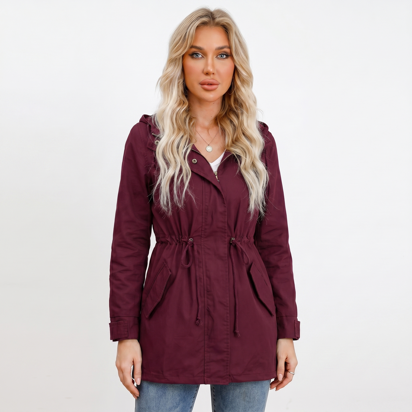 Women's Anorak Jacket – Hooded Utility Drawstring Waist Flap Pockets