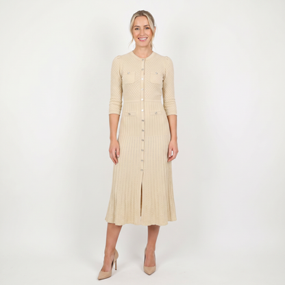 Women's Knit Dress – Pointelle Button-Through Midi Flap Pockets Flared