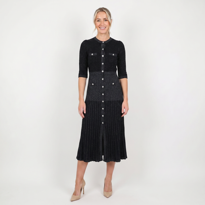 Women's Knit Dress – Pointelle Button-Through Midi Flap Pockets Flared