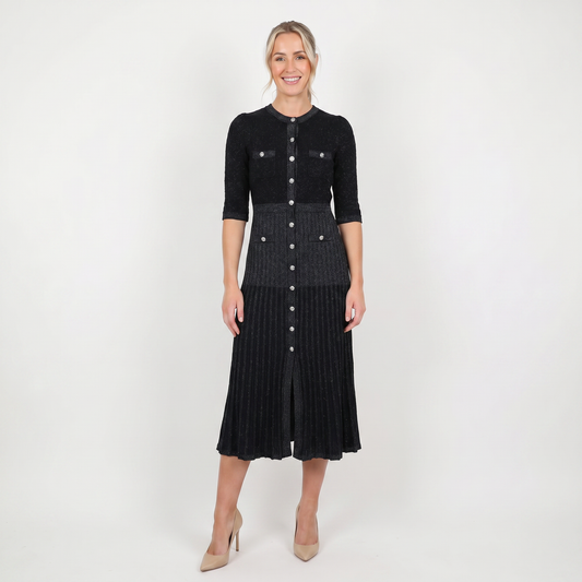 Women's Knit Dress – Pointelle Button-Through Midi Flap Pockets Flared