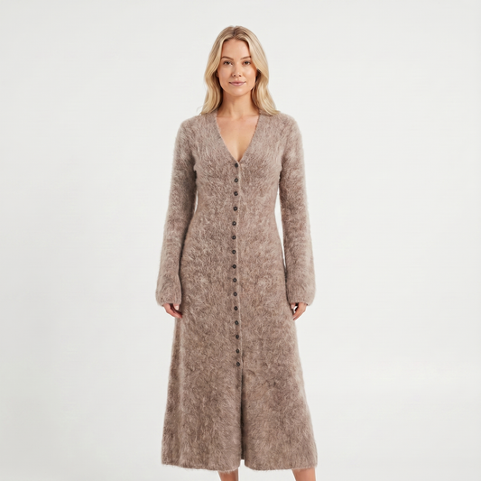 Women's Long Sleeve Midi Knit Dress – Fluffy Button-Through V-Neck Cardigan