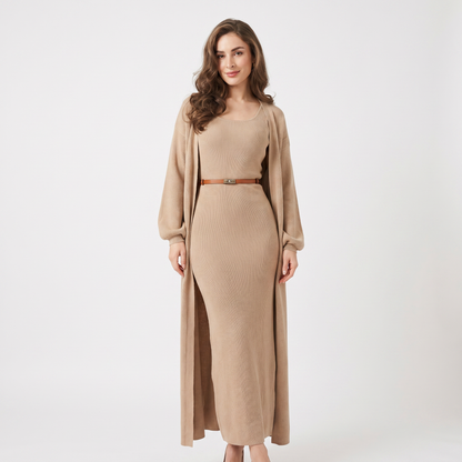 Women's Knit Dress Set – Ribbed Maxi Dress Longline Duster Cardigan Co-Ord