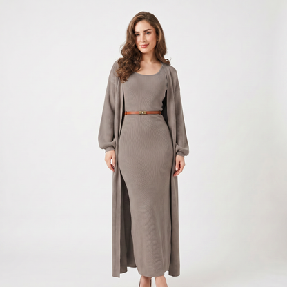 Women's Knit Dress Set – Ribbed Maxi Dress Longline Duster Cardigan Co-Ord