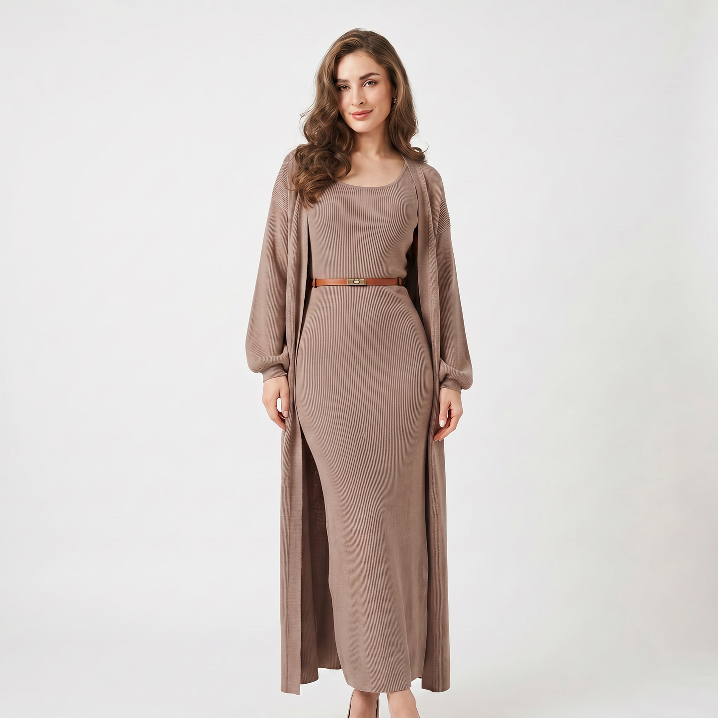 Women's Knit Dress Set – Ribbed Maxi Dress Longline Duster Cardigan Co-Ord