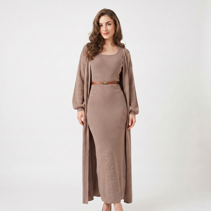 Women's Knit Dress Set – Ribbed Maxi Dress Longline Duster Cardigan Co-Ord