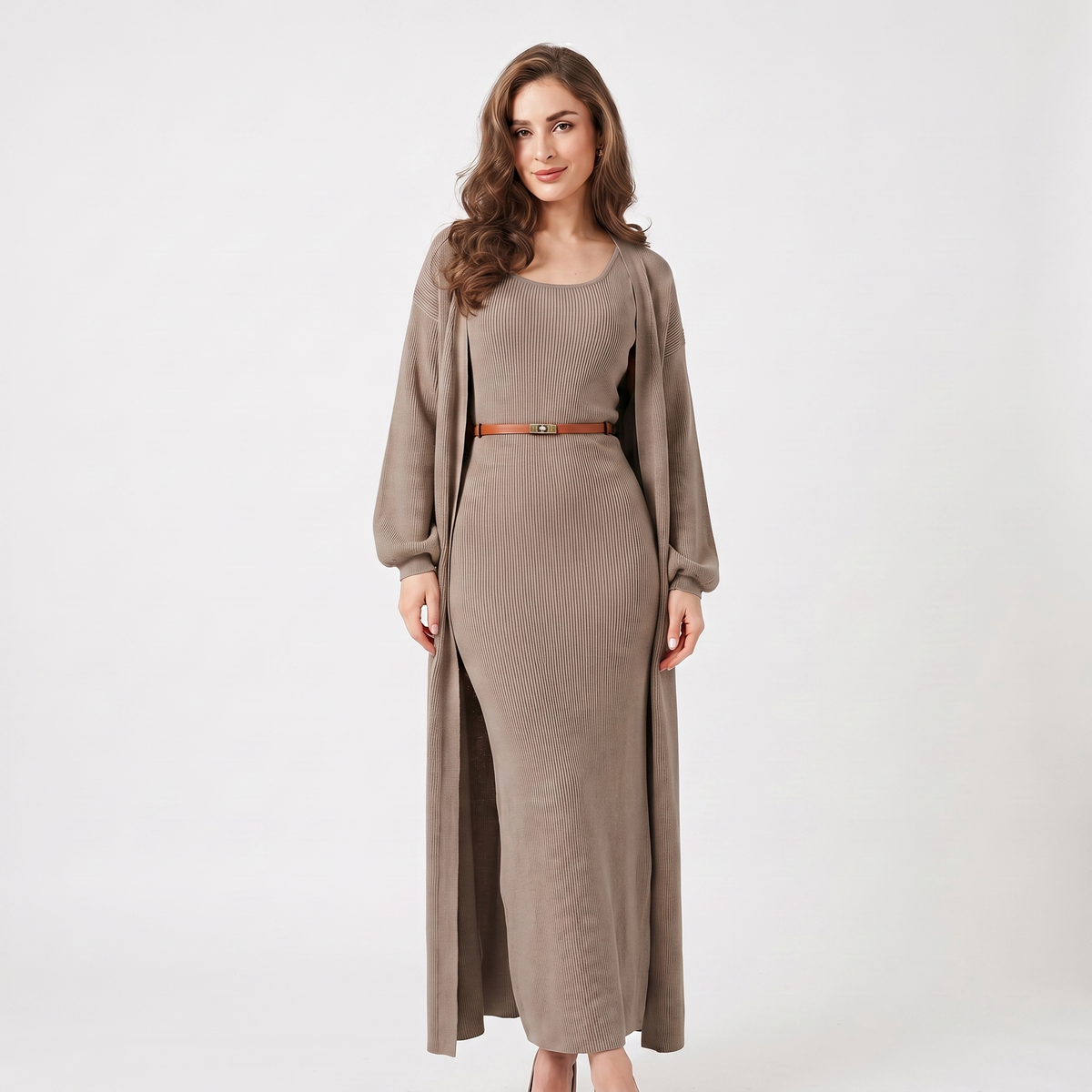 Women's Knit Dress Set – Ribbed Maxi Dress Longline Duster Cardigan Co-Ord