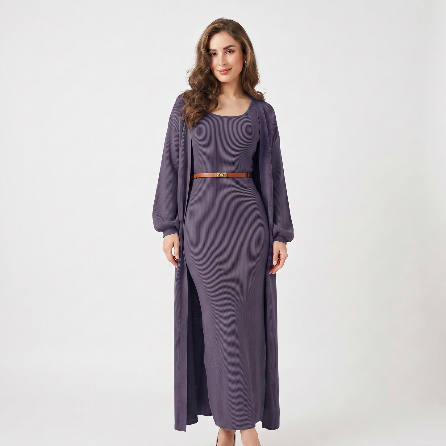 Women's Knit Dress Set – Ribbed Maxi Dress Longline Duster Cardigan Co-Ord