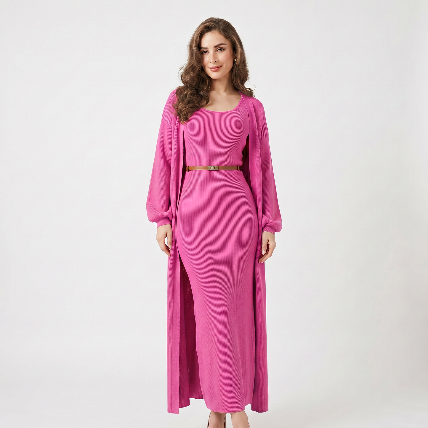 Women's Knit Dress Set – Ribbed Maxi Dress Longline Duster Cardigan Co-Ord