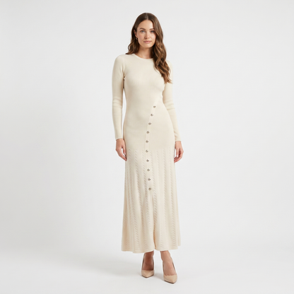 Women's Button Down Long Sleeve Dress – Ribbed Knit Flare Maxi Silver Buttons