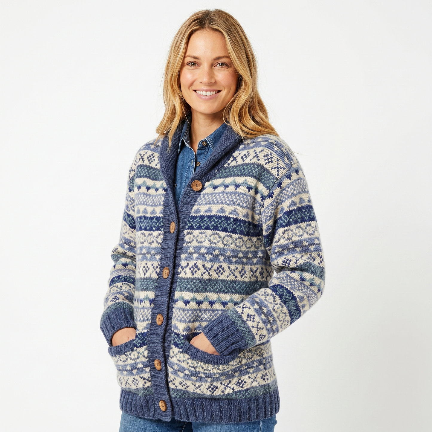 Women's Oversized Cardigan – Fair Isle Shawl Collar Button-Front Hip Length