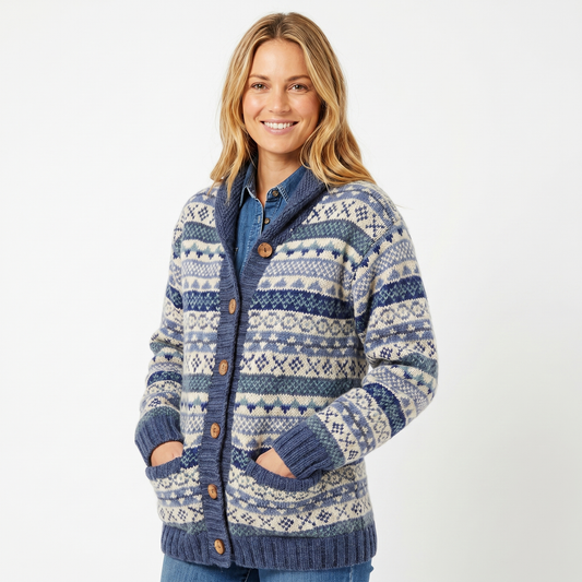 Women's Oversized Cardigan – Fair Isle Shawl Collar Button-Front Hip Length