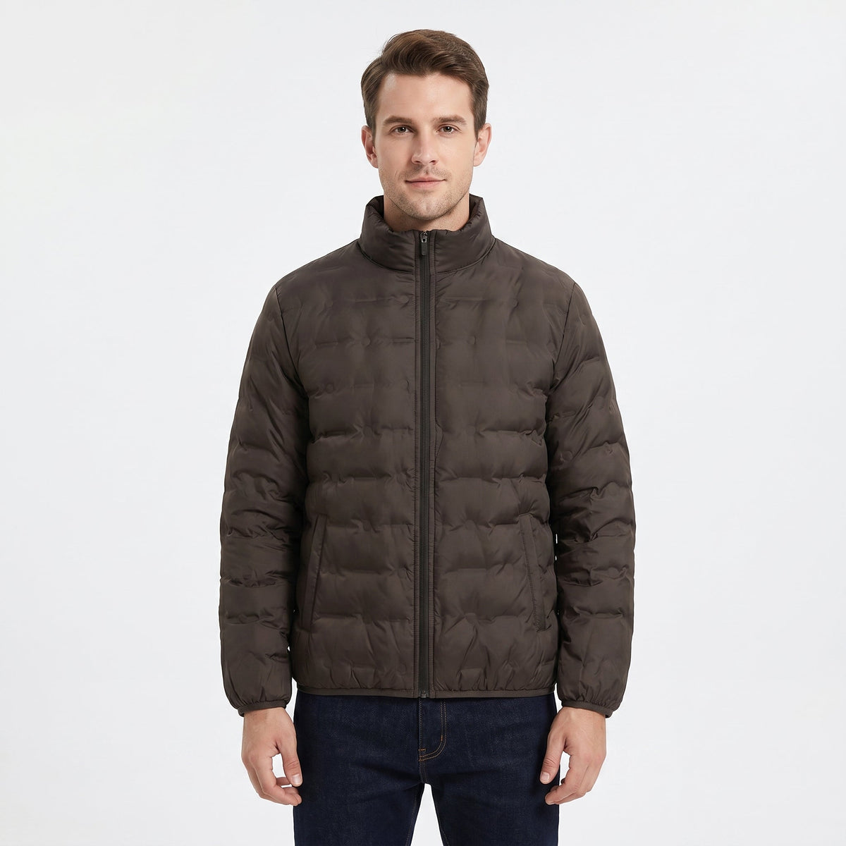 Men's Puffer Jacket – Stand Collar Quilted Hip Length