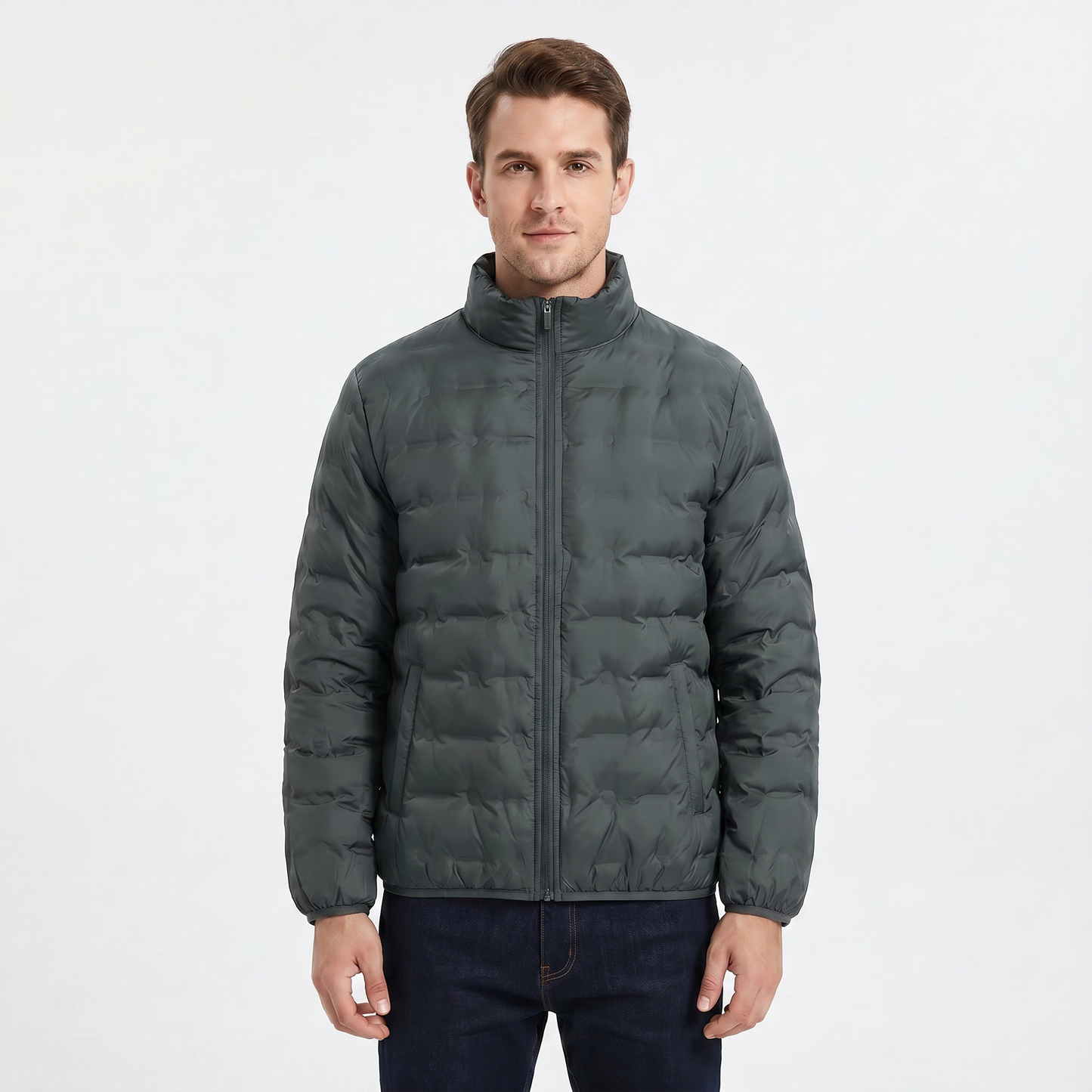 Men's Puffer Jacket – Stand Collar Quilted Hip Length