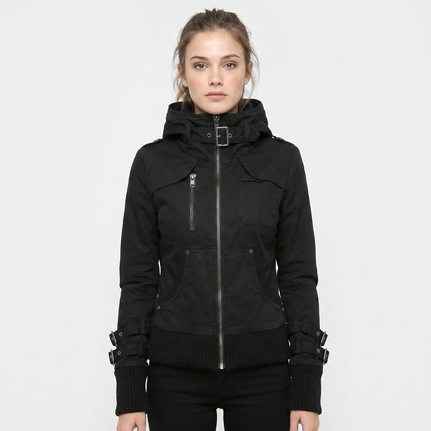 Women's Hooded Bomber Jacket Zip Up Buckle Detail Military Utility Outerwear