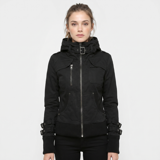 Women's Hooded Bomber Jacket Zip Up Buckle Detail Military Utility Outerwear