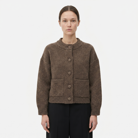 Women's Cropped Knit Cardigan Button Front Patch Pocket Boxy Wool Blend Sweater