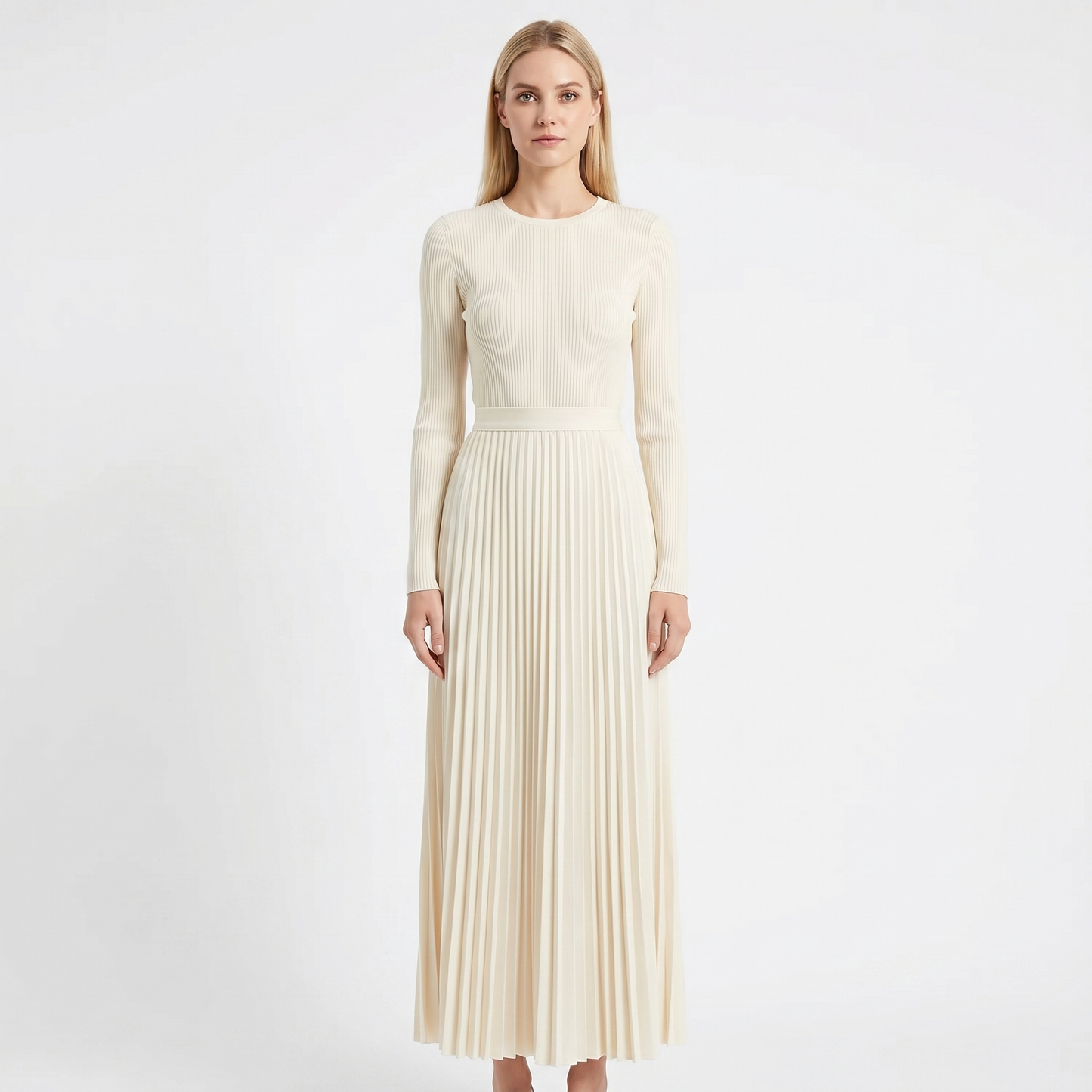 Women's Knit Maxi Dress Long Sleeve Ribbed Bodice Pleated A Line