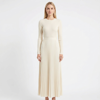 Women's Knit Maxi Dress Long Sleeve Ribbed Bodice Pleated A Line