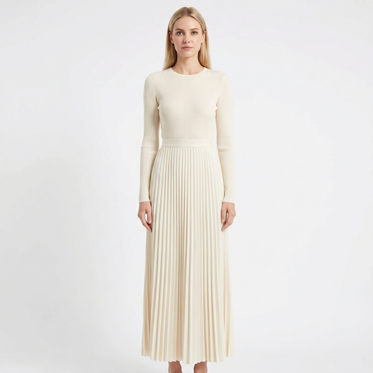 Women's Knit Maxi Dress Long Sleeve Ribbed Bodice Pleated A Line